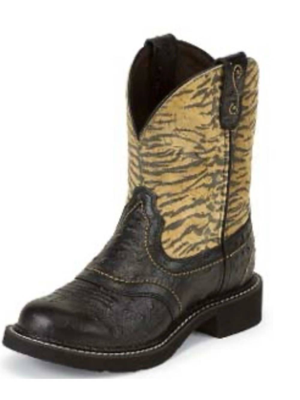 Justin Gypsy Black Leather & Tan Zebra-Print Cowgirl Ankle Boots Size 7.5 B